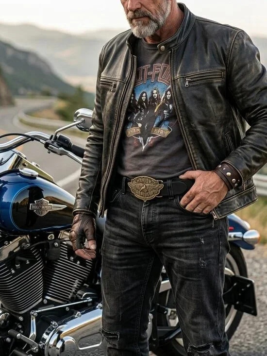 Harley-Davidson Genuine Leather Biker Belt Antique Gold Eagle Logo Buckle" - Picture 3 of 4